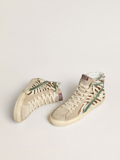Women's Slide in zebra-print pony skin with green laminated leather flash - Golden Goose Women