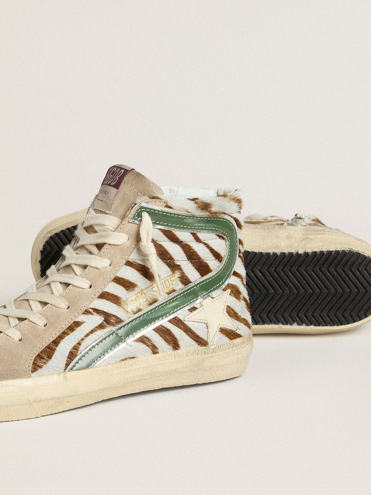 Women's Slide in zebra-print pony skin with green laminated leather flash - Golden Goose Women