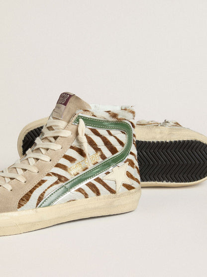 Women's Slide in zebra-print pony skin with green laminated leather flash - Golden Goose Women