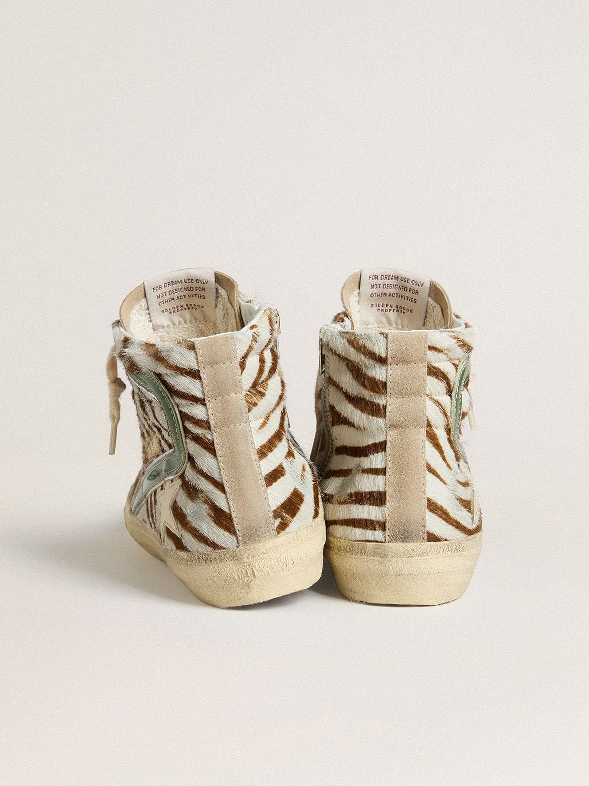 Women's Slide in zebra-print pony skin with green laminated leather flash - Golden Goose Women