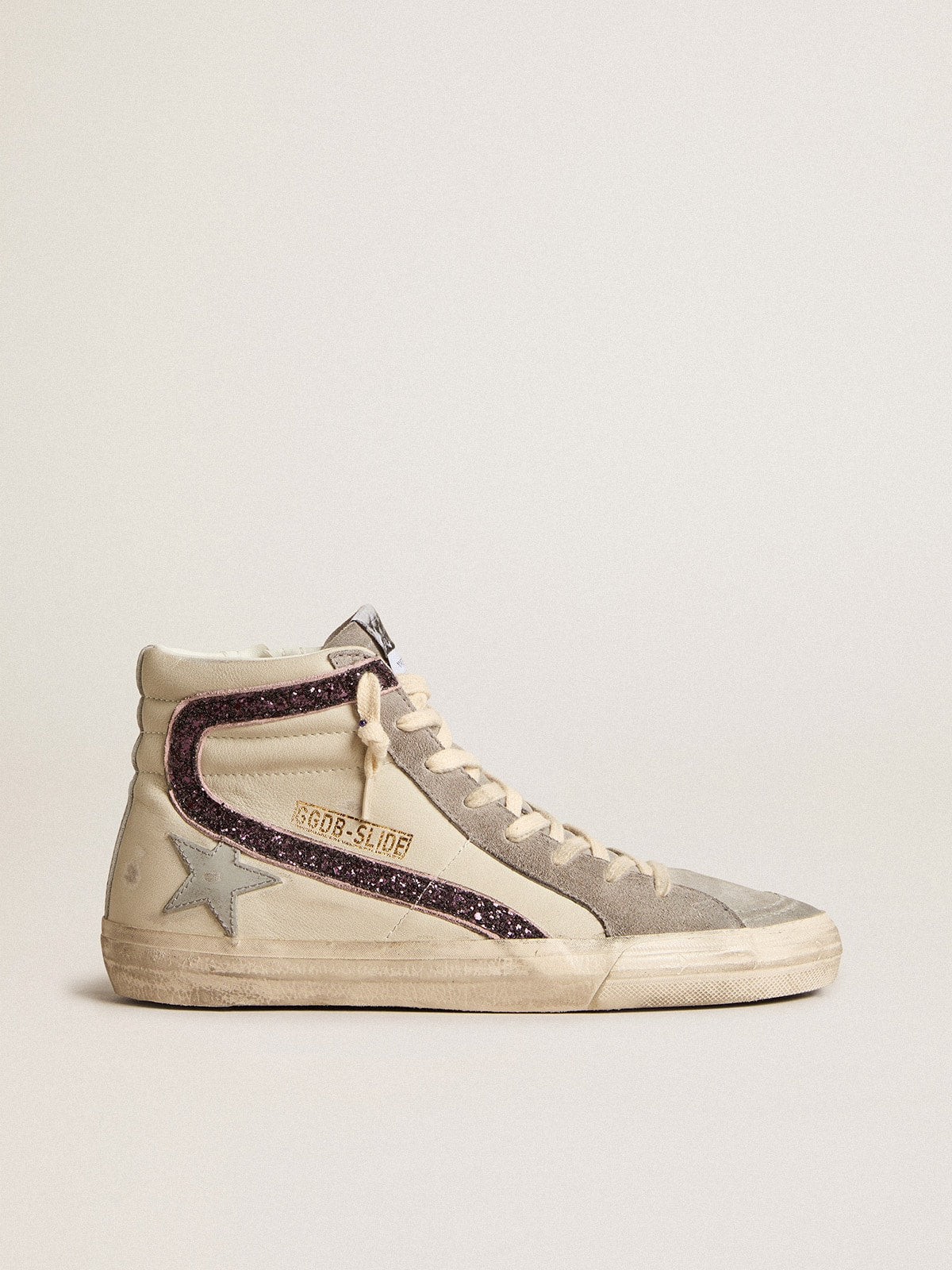 Slide with gray leather star and wine-colored glitter flash - Golden Goose Women