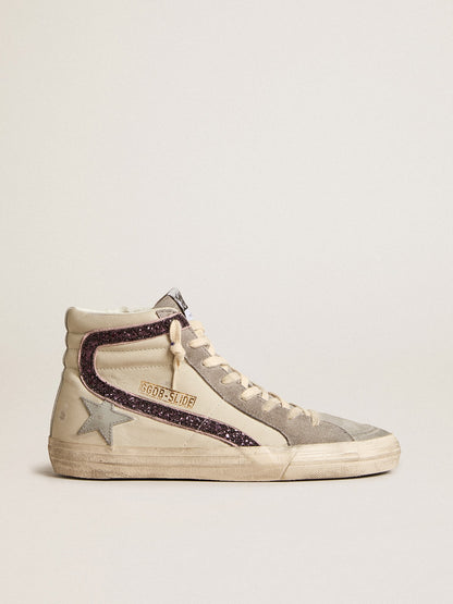 Slide with gray leather star and wine-colored glitter flash - Golden Goose Women