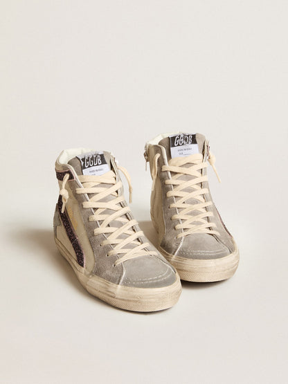 Slide with gray leather star and wine-colored glitter flash - Golden Goose Women