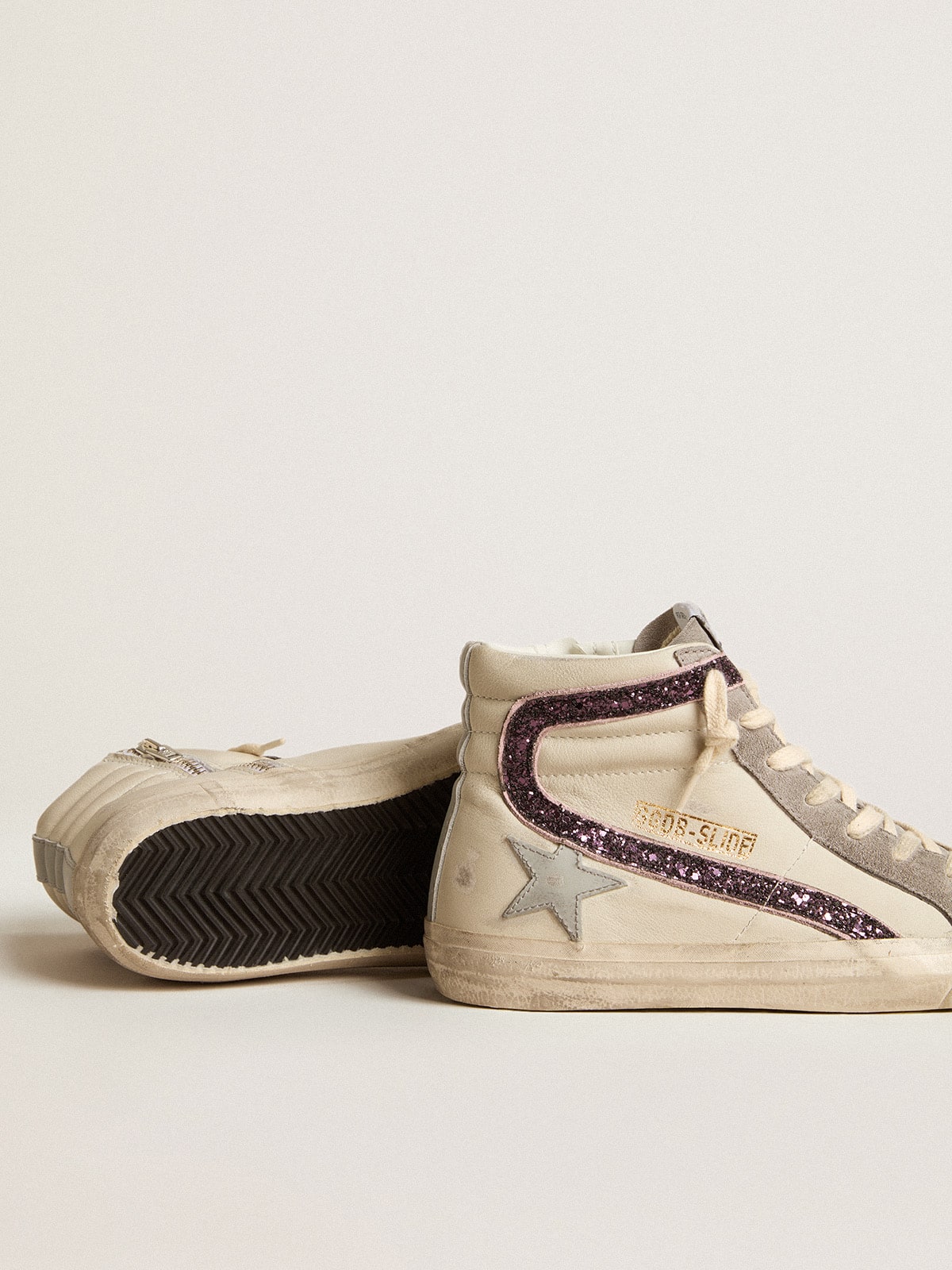 Slide with gray leather star and wine-colored glitter flash - Golden Goose Women