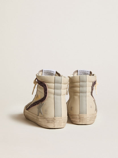 Slide with gray leather star and wine-colored glitter flash - Golden Goose Women