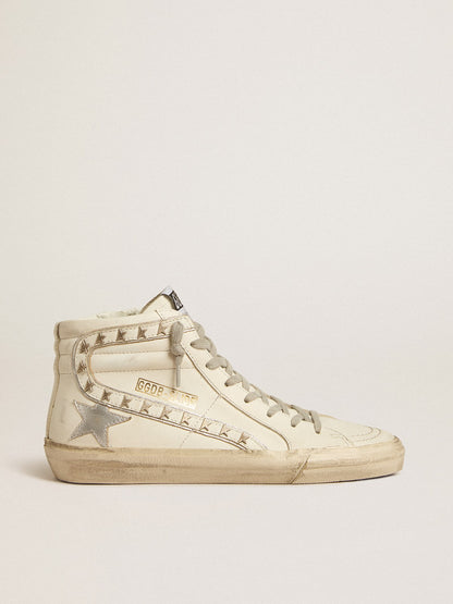 Slide with silver metallic leather star and leather flash with stars - Golden Goose Women