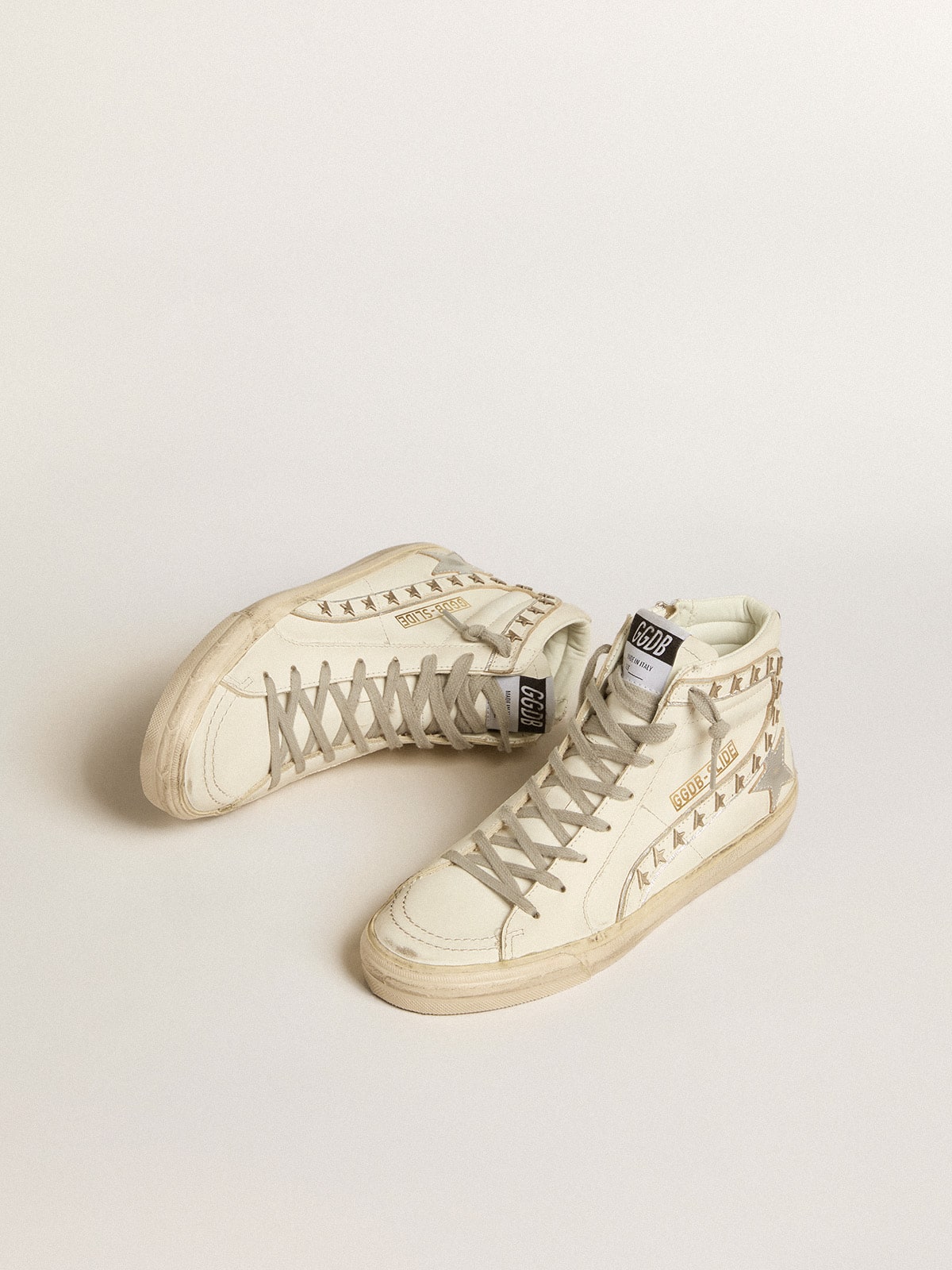 Slide with silver metallic leather star and leather flash with stars - Golden Goose Women