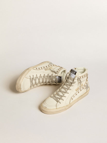 Slide with silver metallic leather star and leather flash with stars - Golden Goose Women