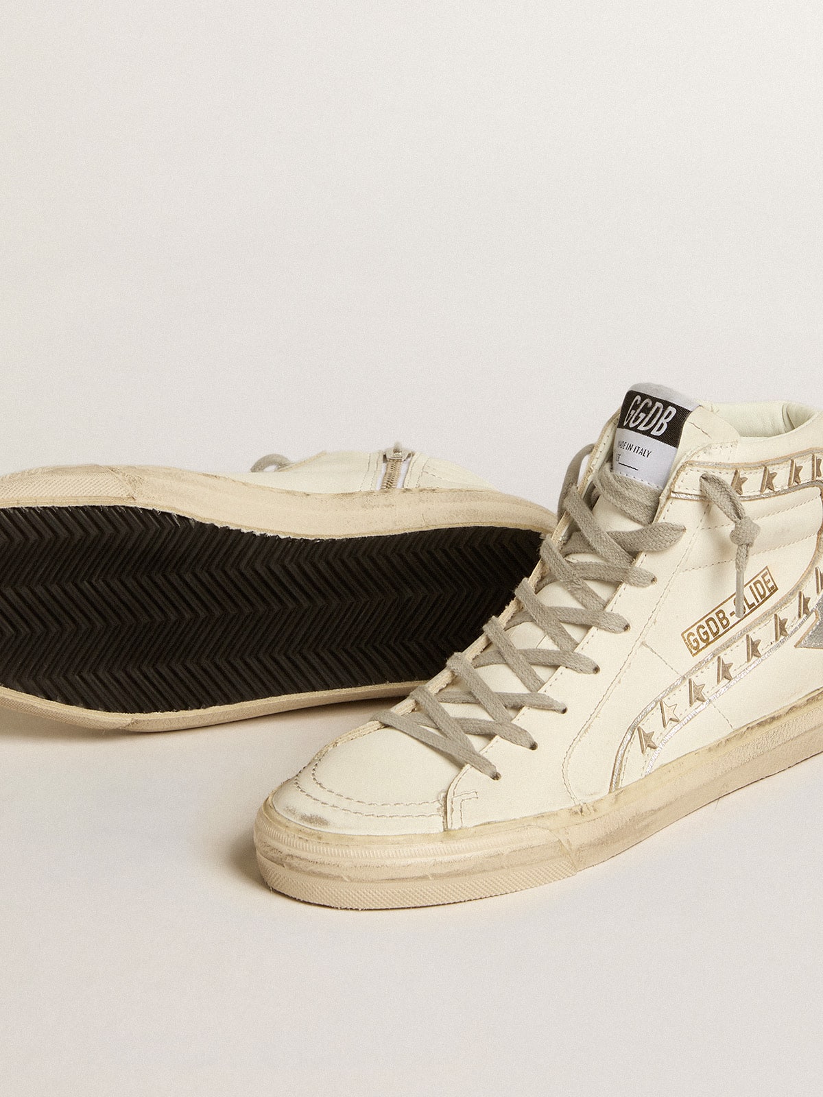 Slide with silver metallic leather star and leather flash with stars - Golden Goose Women
