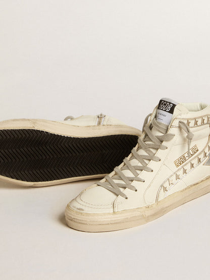 Slide with silver metallic leather star and leather flash with stars - Golden Goose Women