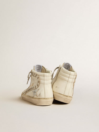 Slide with silver metallic leather star and leather flash with stars - Golden Goose Women