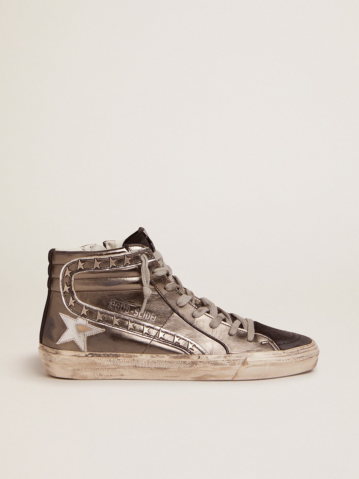 Women's Slide with silver laminated leather upper and studs - Golden Goose Women