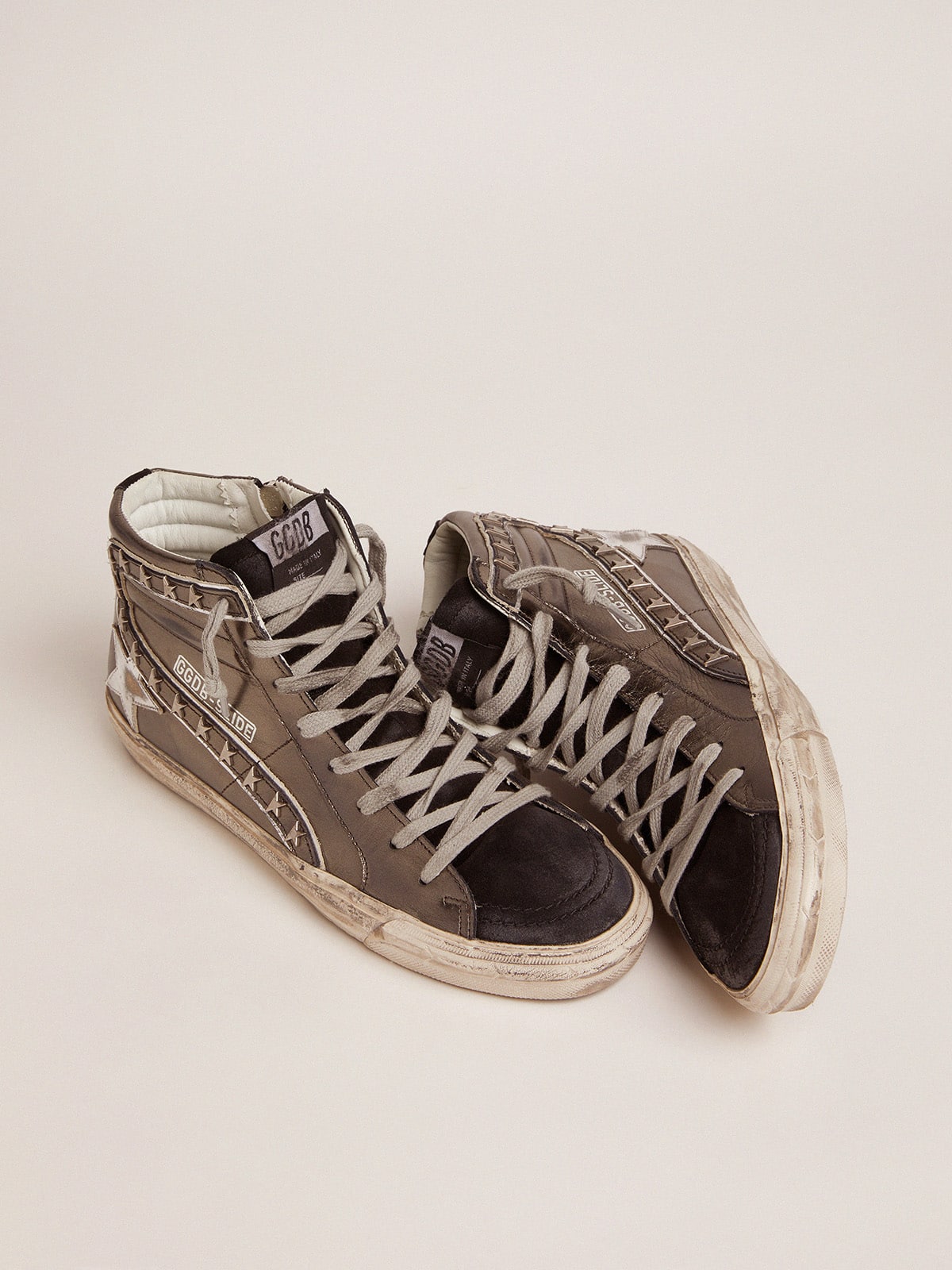 Women's Slide with silver laminated leather upper and studs - Golden Goose Women