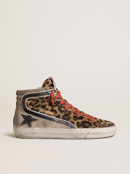 Women’s Slide LTD in leopard-print pony skin with metallic leather star and flash - Golden Goose Women