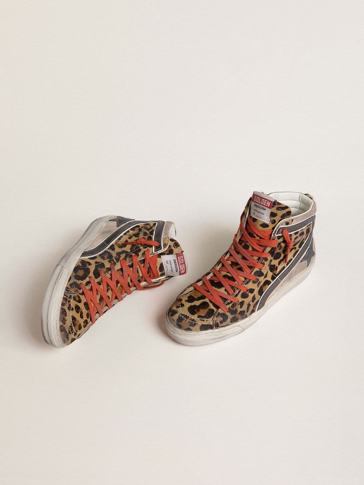 Women’s Slide LTD in leopard-print pony skin with metallic leather star and flash - Golden Goose Women