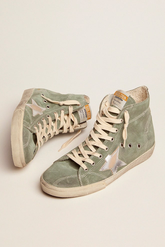 Francy in green suede with silver metallic leather star - Golden Goose Women