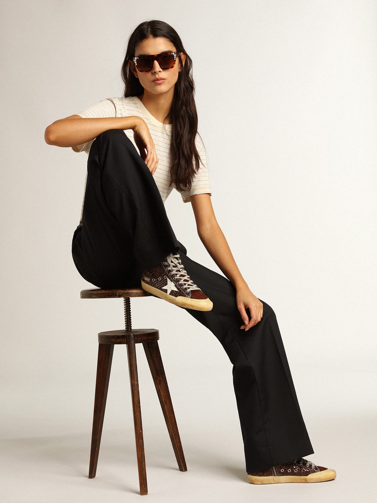 Francy Penstar in brown glitter with white leather star - Golden Goose Women