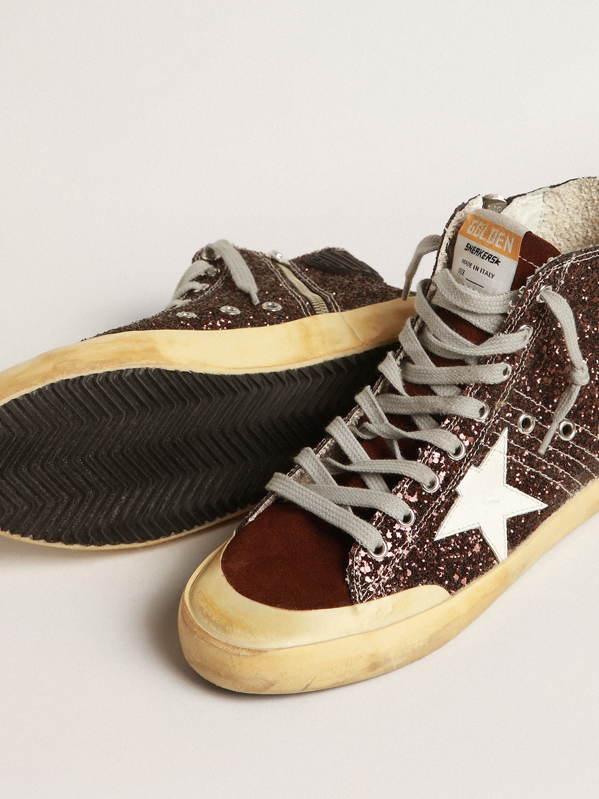 Francy Penstar in brown glitter with white leather star - Golden Goose Women