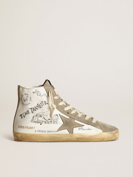 Women's Francy with dove gray suede inserts and all-over lettering - Golden Goose Women
