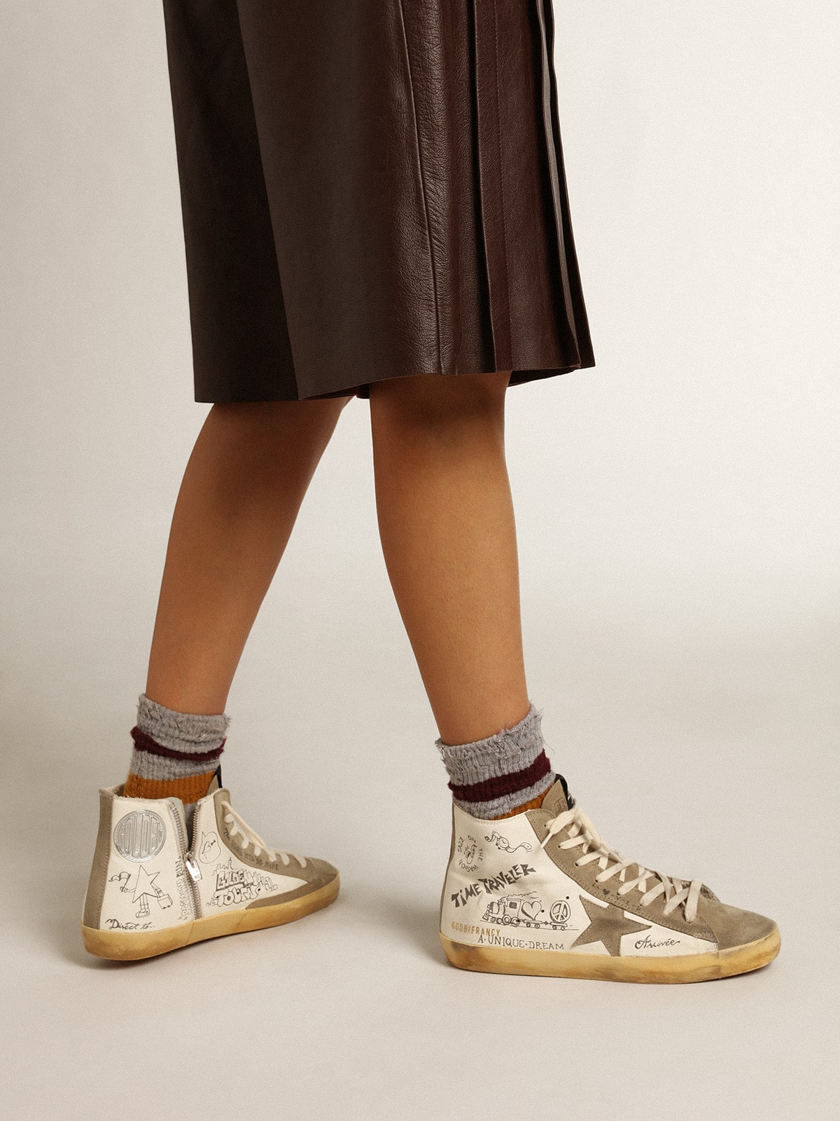 Women's Francy with dove gray suede inserts and all-over lettering - Golden Goose Women