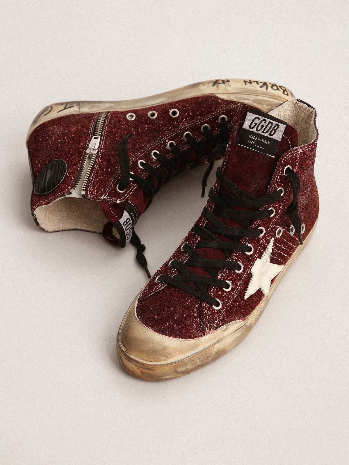 Francy Penstar in burgundy glitter with white leather star - Golden Goose Women