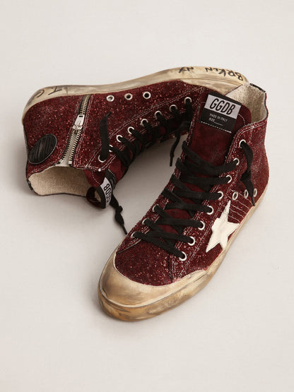 Francy Penstar in burgundy glitter with white leather star - Golden Goose Women