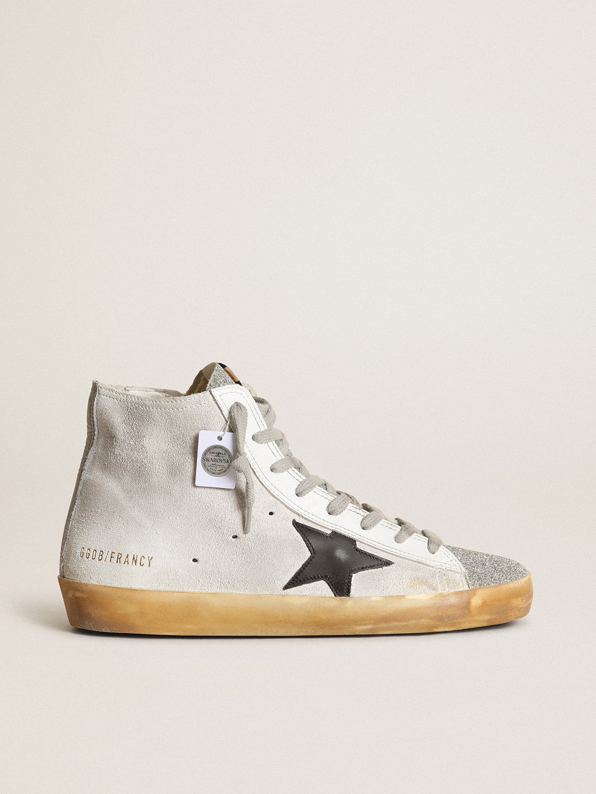 Women’s Francy in white suede with black leather star and silver Swarovski crystal tongue - Golden Goose Women