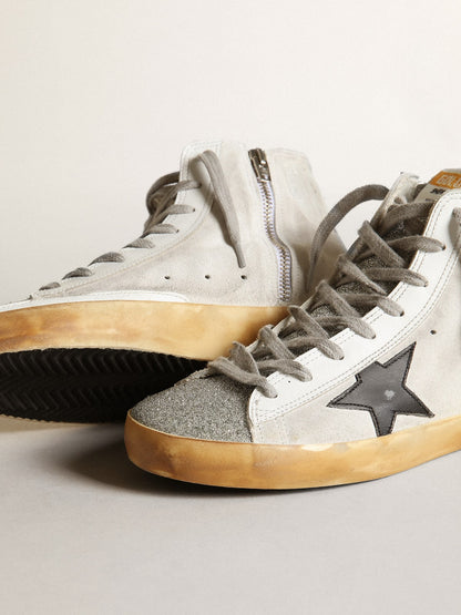 Women’s Francy in white suede with black leather star and silver Swarovski crystal tongue - Golden Goose Women