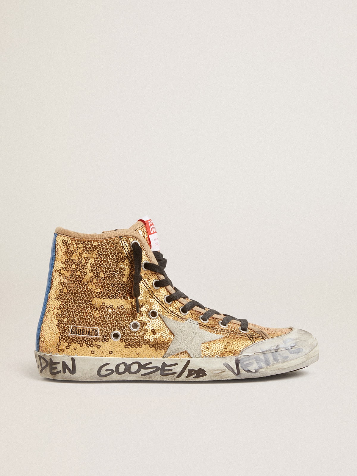 Francy Penstar in gold paiettes with suede star and bright blue heel tab - Golden Goose Women