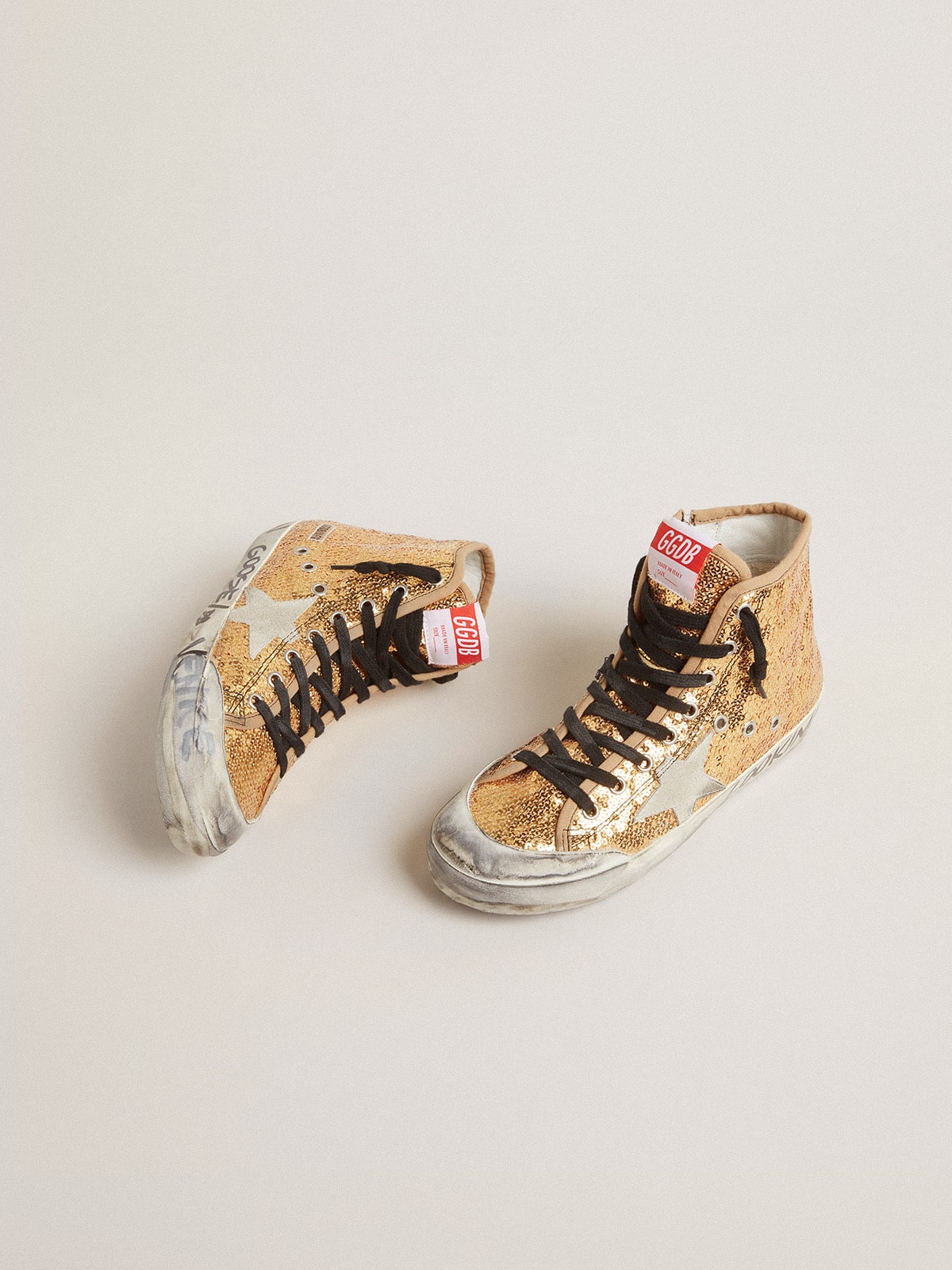 Francy Penstar in gold paiettes with suede star and bright blue heel tab - Golden Goose Women