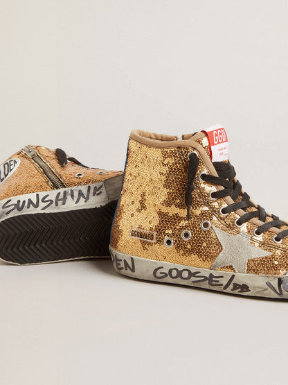 Francy Penstar in gold paiettes with suede star and bright blue heel tab - Golden Goose Women