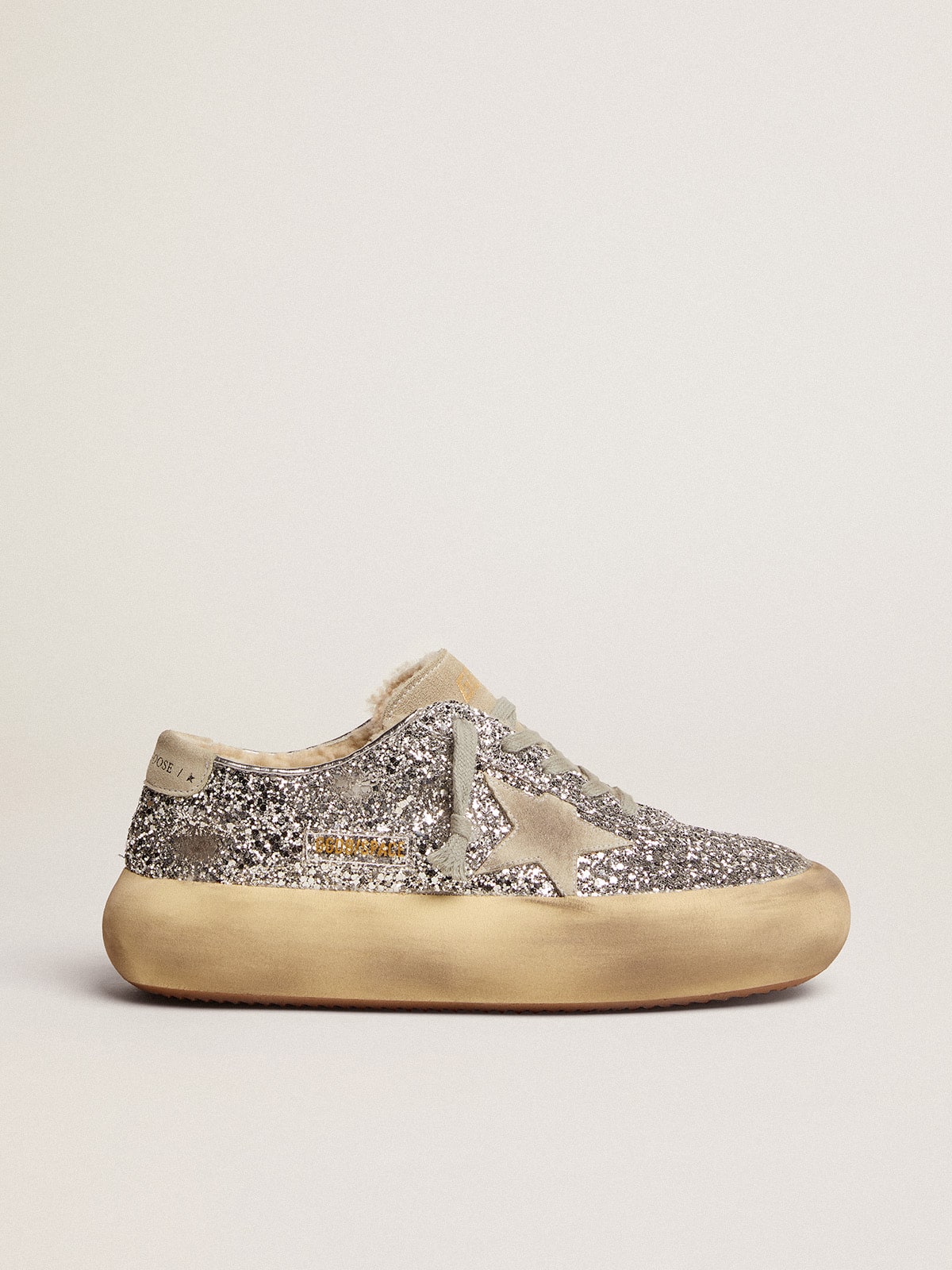 Women's Space-Star shoes in silver glitter with shearling lining - Golden Goose Women