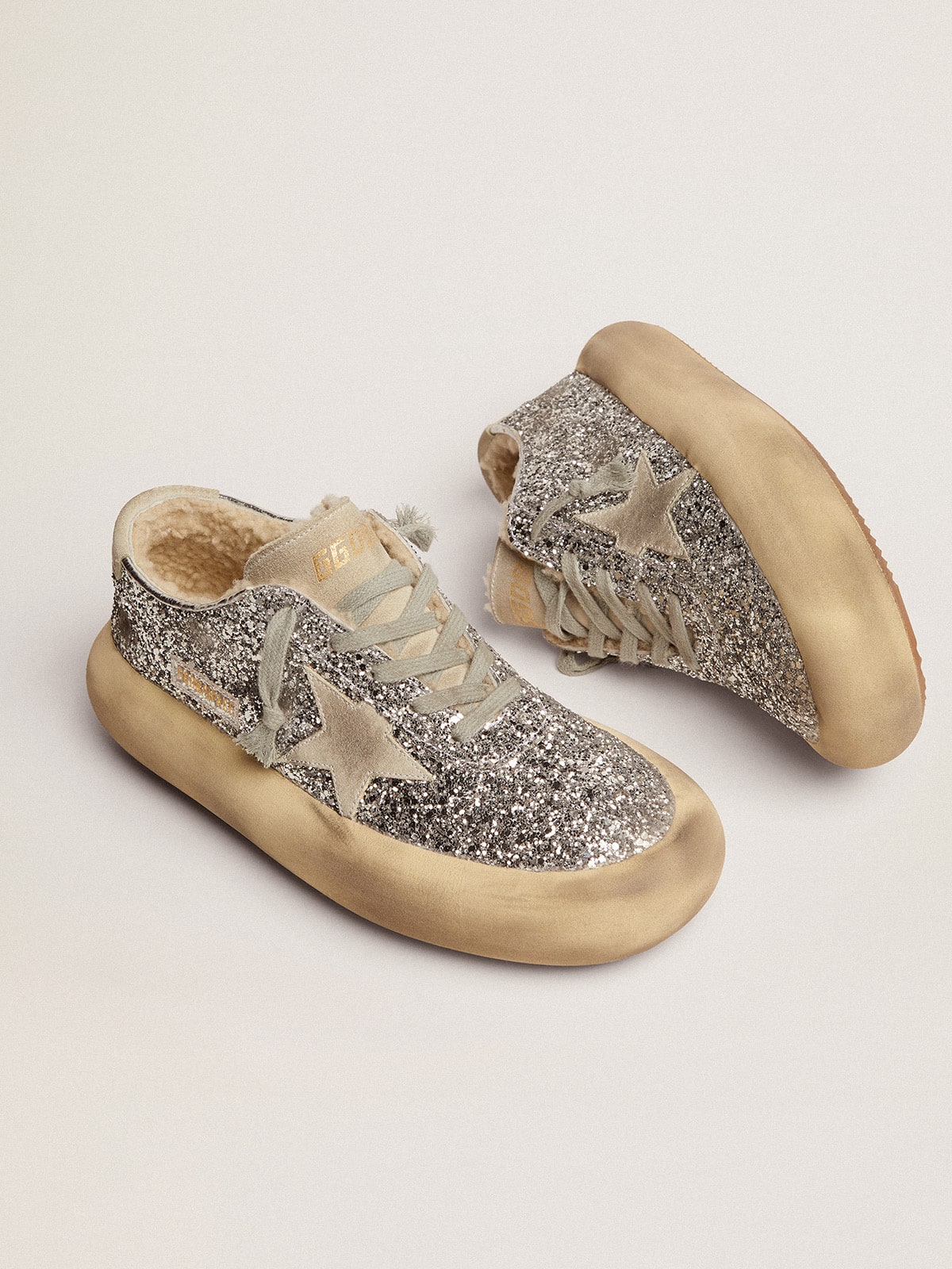 Women's Space-Star shoes in silver glitter with shearling lining - Golden Goose Women