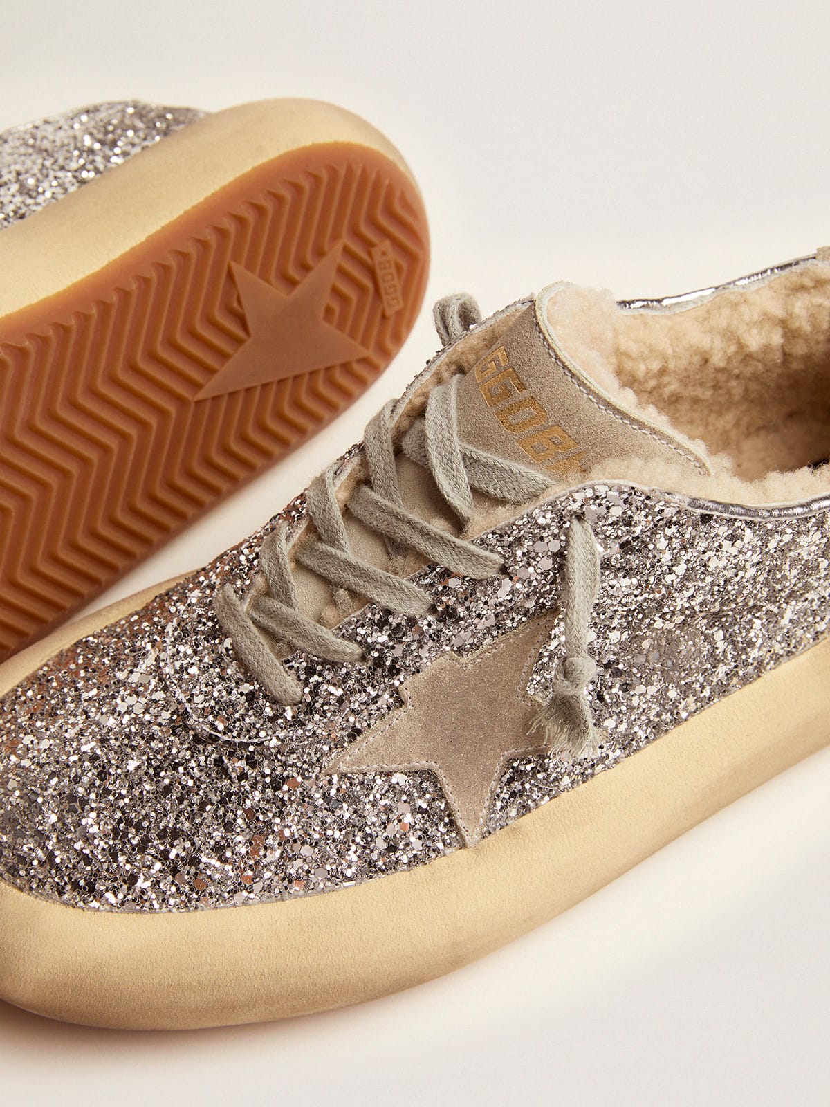 Women's Space-Star shoes in silver glitter with shearling lining - Golden Goose Women