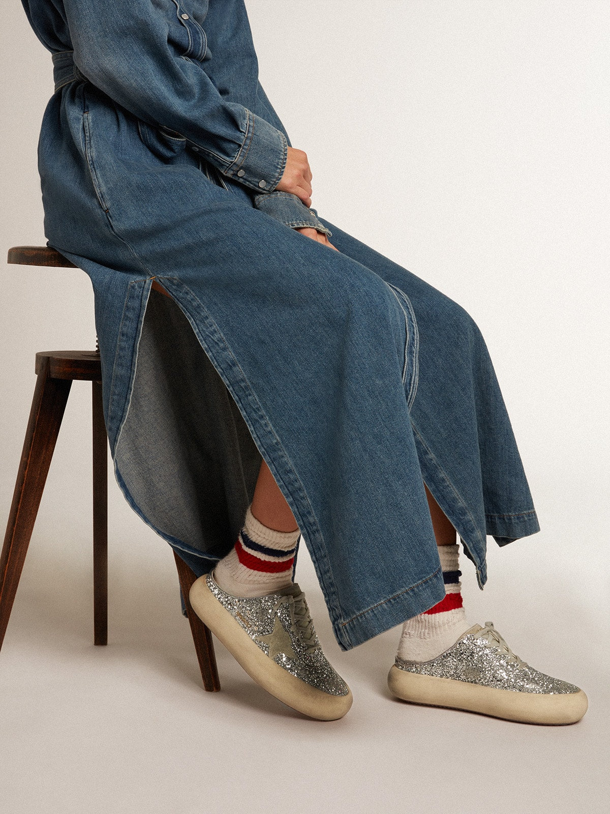 Women's Space-Star Sabot in glitter with ice-gray star and tab - Golden Goose Women
