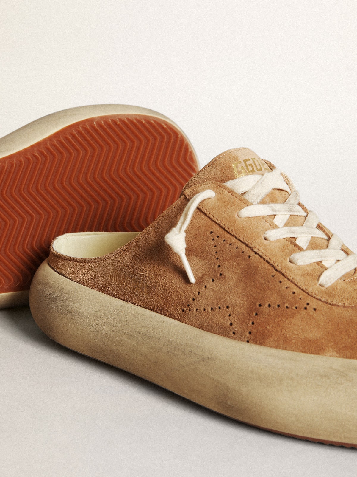 Women's Space-Star Sabot in tobacco-colored suede with perforated star - Golden Goose Women