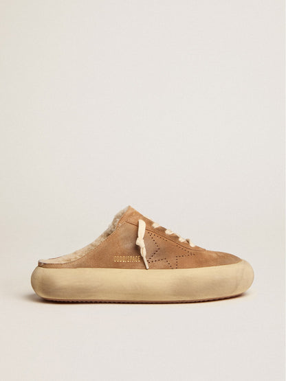 Women's Space-Star Sabot shoes in tobacco-colored suede with shearling lining - Golden Goose Women