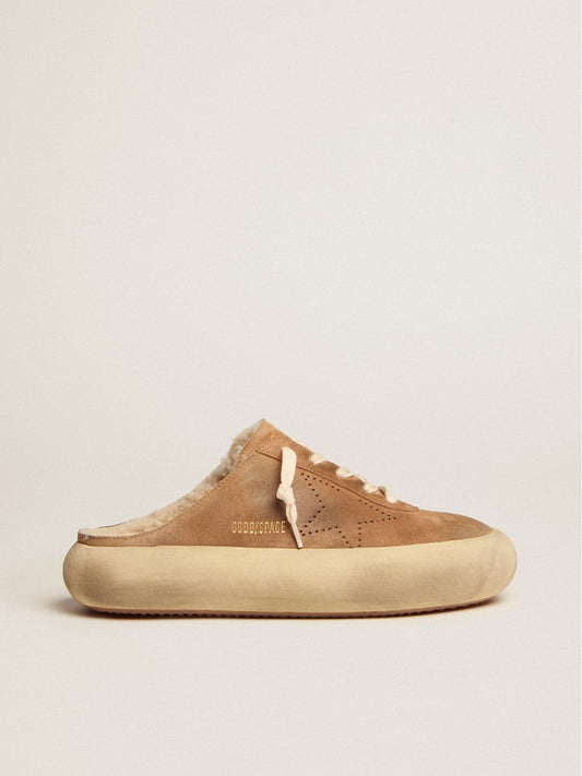 Women's Space-Star Sabot shoes in tobacco-colored suede with shearling lining - Golden Goose Women