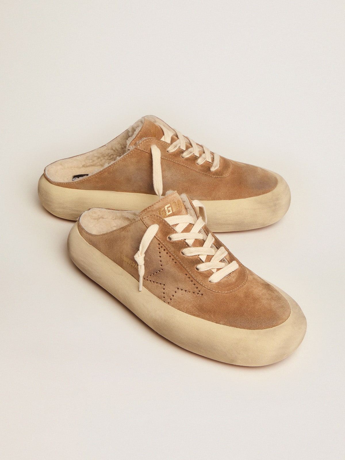 Women's Space-Star Sabot shoes in tobacco-colored suede with shearling lining - Golden Goose Women