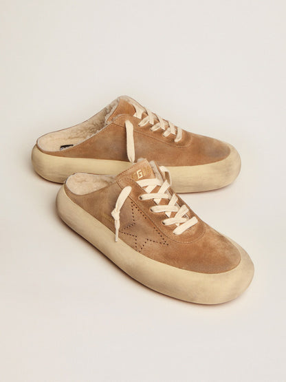 Women's Space-Star Sabot shoes in tobacco-colored suede with shearling lining - Golden Goose Women