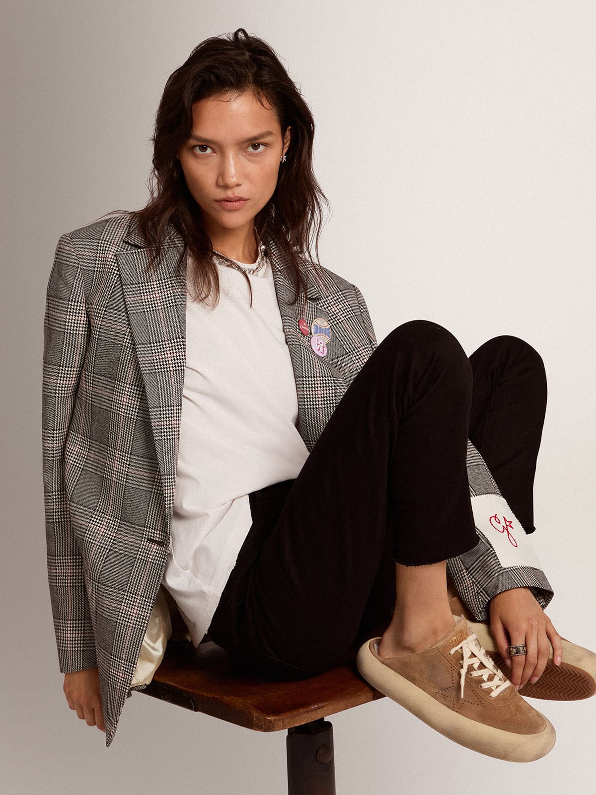 Women's Space-Star Sabot shoes in tobacco-colored suede with shearling lining - Golden Goose Women