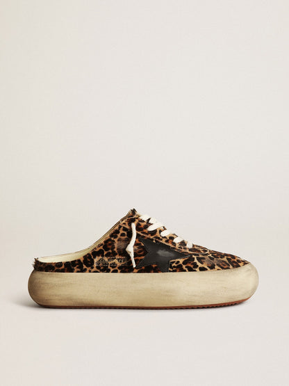Women's Space-Star Sabot in leopard print pony skin with black star - Golden Goose Women