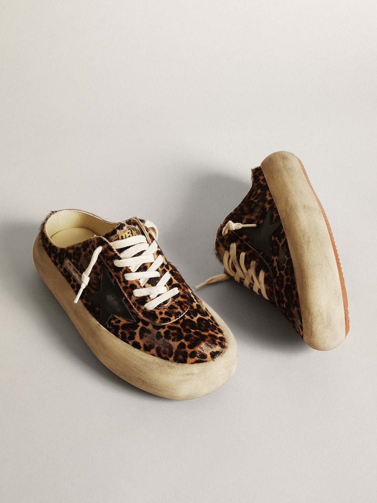 Women's Space-Star Sabot in leopard print pony skin with black star - Golden Goose Women