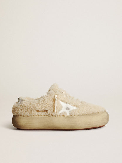 Women’s Space-Star shoes in beige shearling with white leather star and metallic leather heel tab - Golden Goose Women
