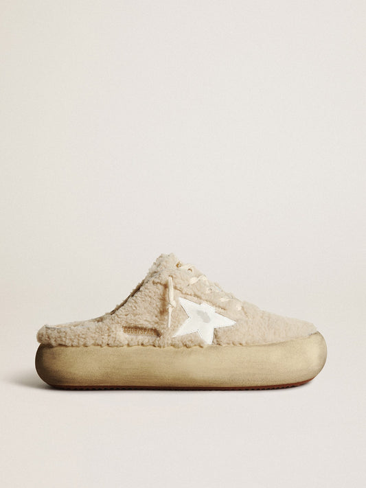 Women’s Space-Star Sabots in beige shearling with white leather star - Golden Goose Women
