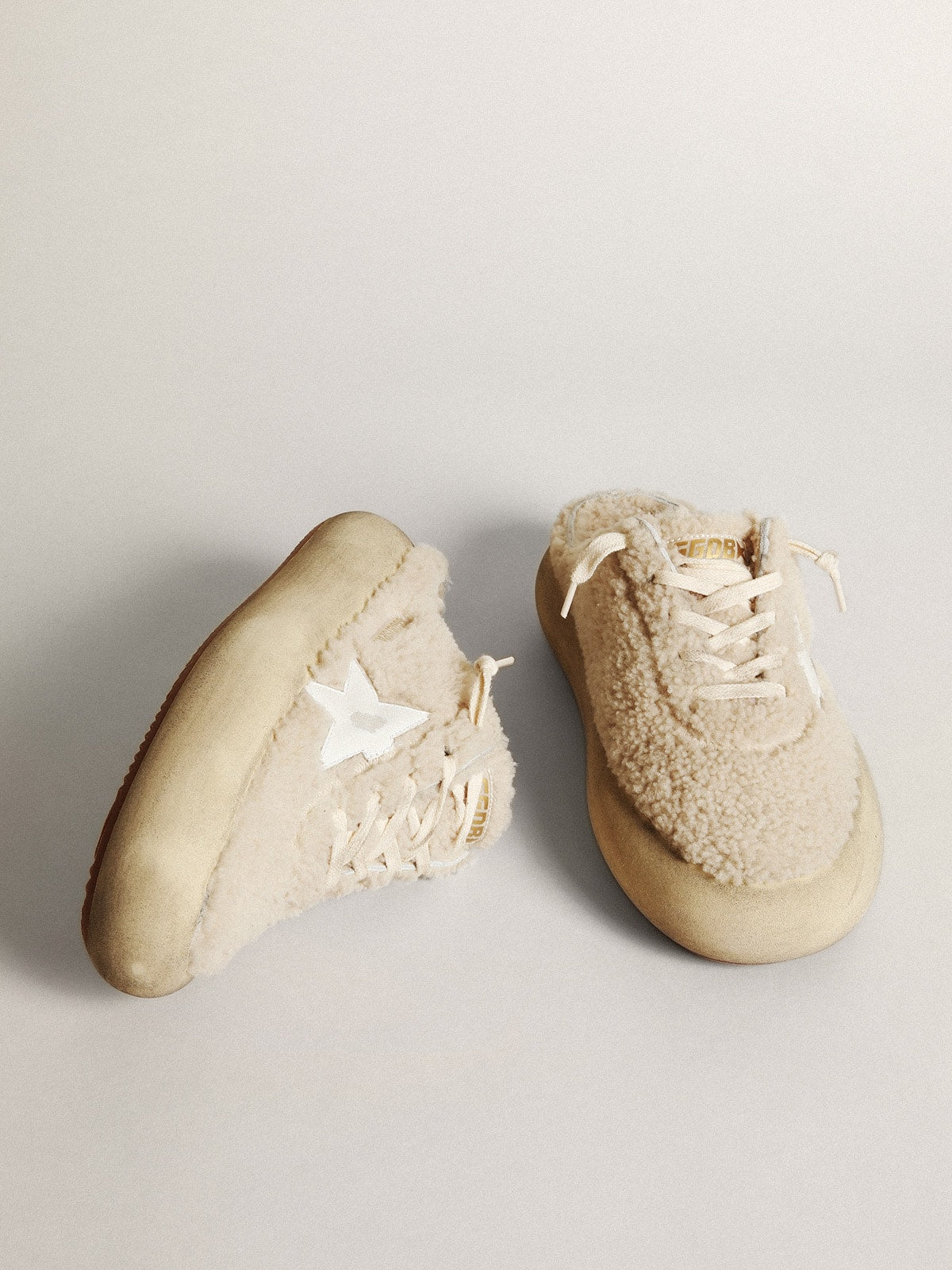 Women’s Space-Star Sabots in beige shearling with white leather star - Golden Goose Women