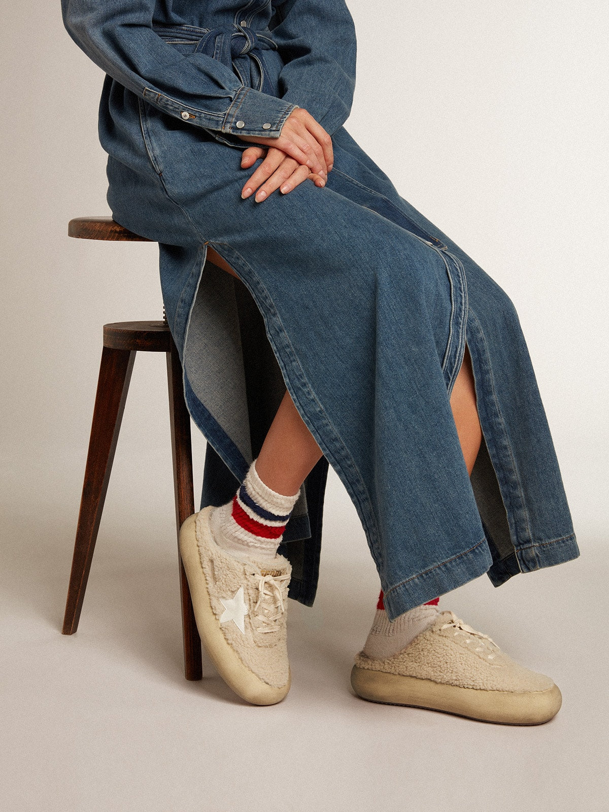 Women’s Space-Star Sabots in beige shearling with white leather star - Golden Goose Women