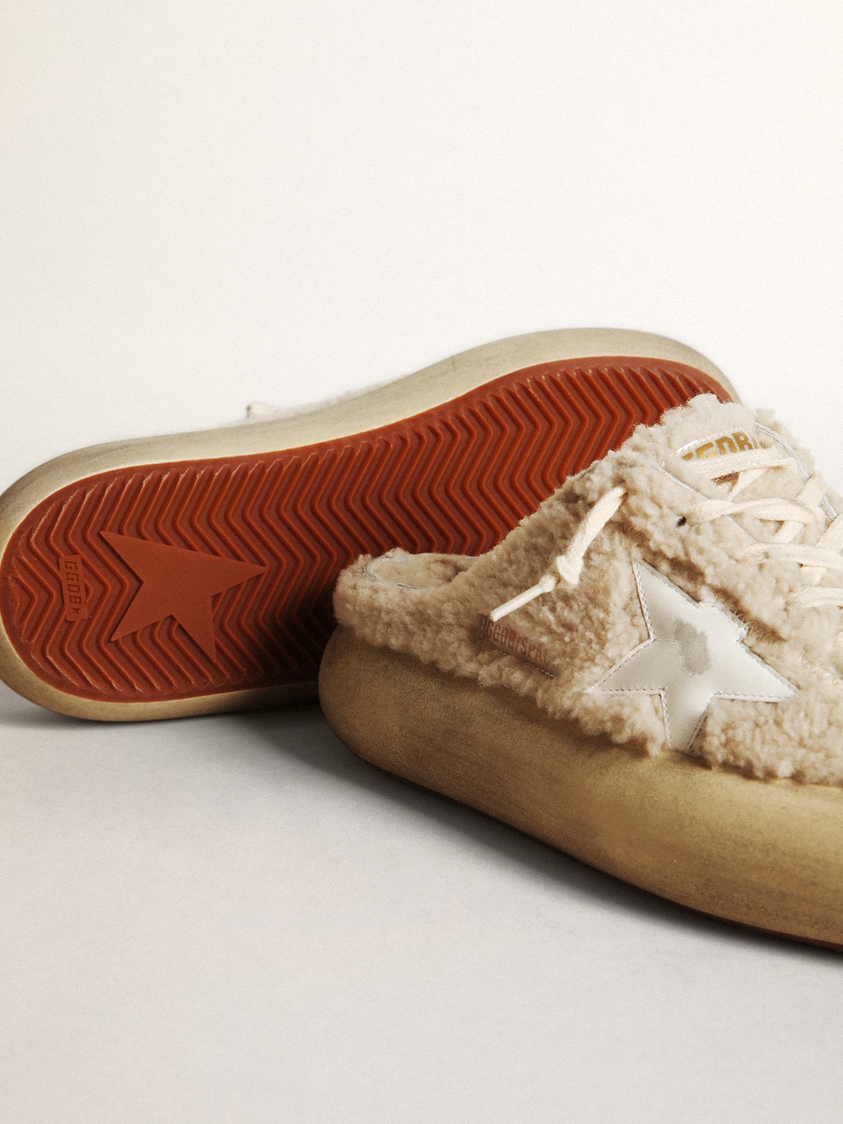 Women’s Space-Star Sabots in beige shearling with white leather star - Golden Goose Women