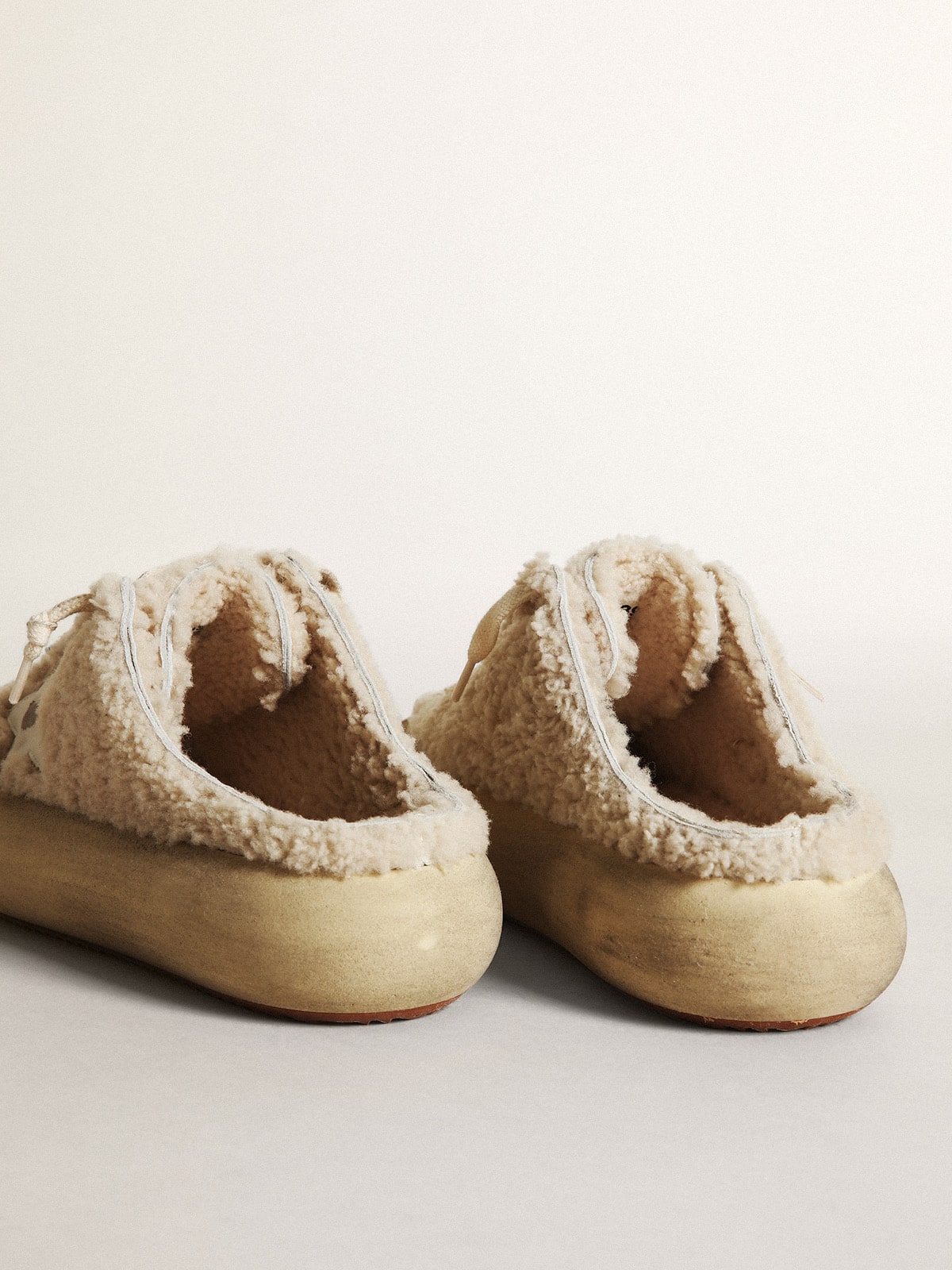 Women’s Space-Star Sabots in beige shearling with white leather star - Golden Goose Women