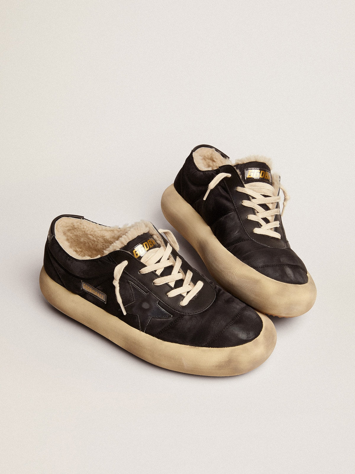 Women's Space-Star shoes in quilted black nylon with shearling lining - Golden Goose Women